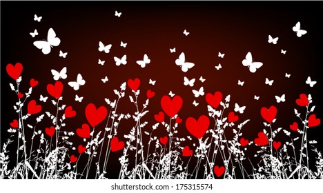 Grass with hearts and butterflies. Vector