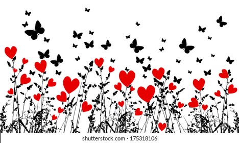 Grass with hearts and butterflies. Vector