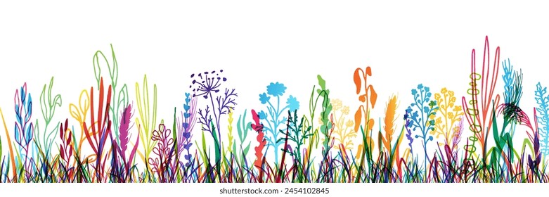 Grass with herbs and wild flowers. Colorful vector isolated silhouette of floral meadow. Horizontal border.
