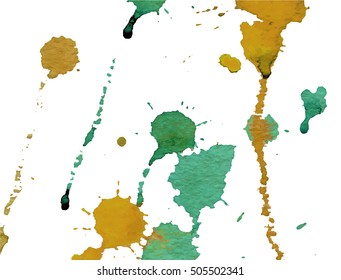 Grass hreen and mustard yellow splashes and blots on white background. Ink painting. Hand drawn illustration. Abstract watercolor artwork. 