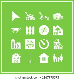 grass icon. 16 grass vector set. barn, cabin, big house building of three floors and lawnmower icons for web and design about grass theme