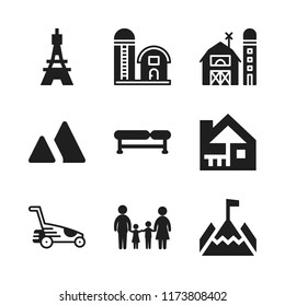 grass icon. 9 grass vector icons set. barn, familiar group of two children father and mother and cabin icons for web and design about grass theme