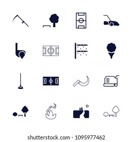 Grass icon. collection of 16 grass filled and outline icons such as golf, tree and bench, hoe, scythe, lawn mower, landscape. editable grass icons for web and mobile.