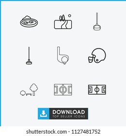 Grass icon. collection of 9 grass outline icons such as hoe, football pitch, pond, american football helmet, landscape. editable grass icons for web and mobile.