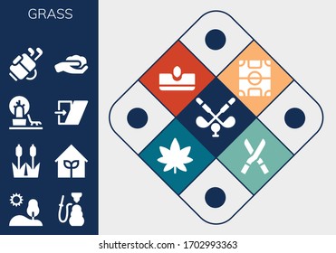grass icon set. 13 filled grass icons.  Simple modern icons such as: Golf, Hill, Hookah, Reed, Garden, Landscape, Shear, Gardening, Football field, Sow, Marijuana, Shears