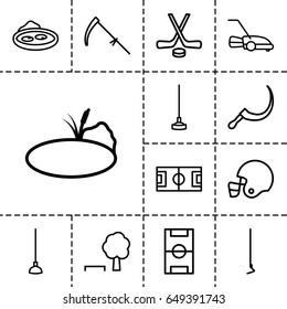Grass icon. set of 13 outline grassicons such as hoe, scythe, pond, lawn mower, football pitch, hockey, american football helmet