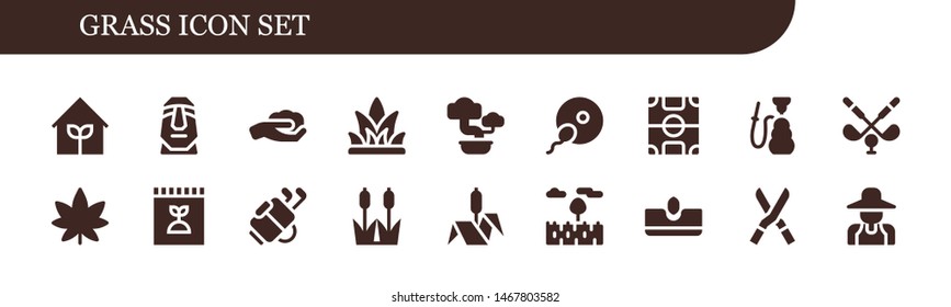 grass icon set. 18 filled grass icons.  Simple modern icons about  - Garden, Moai, Gardening, Grass, Bonsai, Fertilization, Football field, Hookah, Golf, Marijuana, Fertilizer