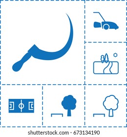 Grass icon. set of 6 grass filled and outline icons such as scythe, lawn mower, landscape, tree and bench