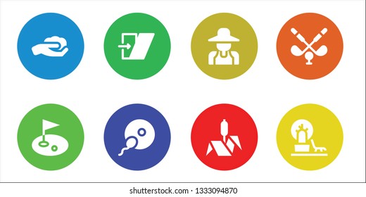 grass icon set. 8 filled grass icons.  Collection Of - Gardening, Golf, Shear, Fertilization, Gardener, Bulrush, Landscape