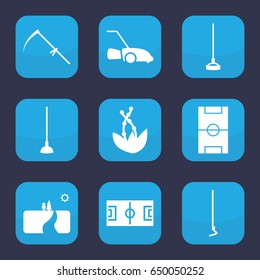 Grass icon. set of 9 filled grass icons such as hoe, scythe, lawn mower, football pitch, landscape