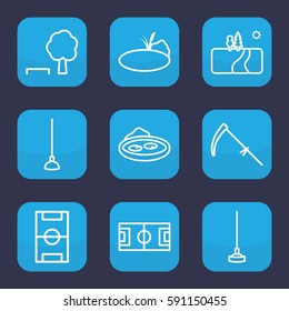 grass icon. Set of 9 outline grass icons such as hoe, scythe, pond, landscape, football pitch