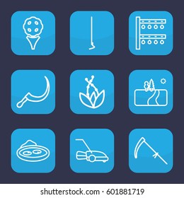 grass icon. Set of 9 outline grass icons such as hoe, scythe, irrigation system, pond, lawn mower, landscape, plant