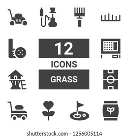 grass icon set. Collection of 12 filled grass icons included Fertilizer, Golf, Garden, Lawn mower, Football field, Tree house, Rabbit hutch, Hookah, Grass, Rake