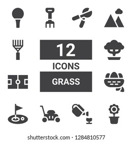 grass icon set. Collection of 12 filled grass icons included Flower pot, Gardening, Lawn mower, Golf, Nest, Ice court, Bonsai, Rake, Landscape, Golf ball, Pruning shears