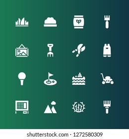 grass icon set. Collection of 16 filled grass icons included Rake, Tumbleweed, Landscape, Rabbit hutch, Lawn mower, Water market, Golf, Golf ball, Gardening, Shears, Fertilizer