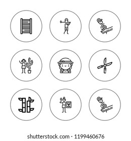 Grass icon set. collection of 9 outline grass icons with bamboo, gardener, golfer, shears icons. editable icons.