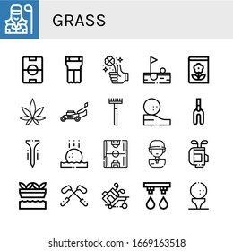 grass icon set. Collection of Golfer, Football field, Planter, Clover, Golf, Gardening, Weed, Lawn mower, Rake, Golf ball, Weeder, Tee, Soccer field, Golf player, bag icons