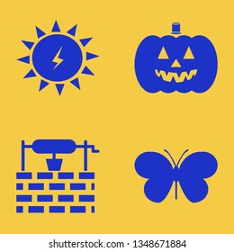 grass icon set with pumpkin, solar energy and water well vector illustration