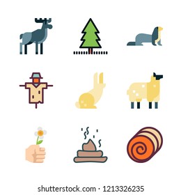 grass icon set. vector set about rabbit, hay, scarecrow and sheep icons set.