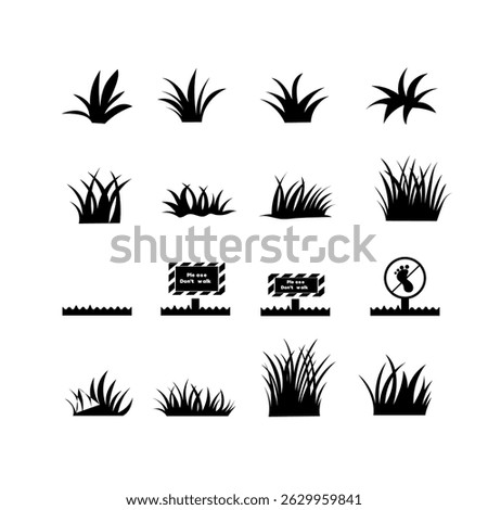 Grass Icons Black Silhouettes, Keep Off, Do Not Walk Signs