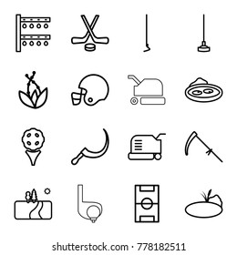 Grass icons. set of 16 editable outline grass icons such as lawn mower, golf, hoe, scythe, irrigation system, pond, plant, football pitch, hockey, american football helmet