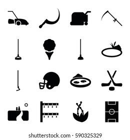 grass icons set. Set of 16 grass filled icons such as lawn mower, hoe, scythe, irrigation system, pond, football pitch, hockey, american football helmet, landscape, plant