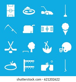 Grass icons set. set of 16 grass filled icons such as lawn mower, hoe, scythe, irrigation system, pond, football pitch, hockey, american football helmet, landscape, plant