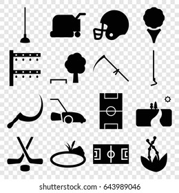 Grass icons set. set of 16 grass filled icons such as lawn mower, hoe, scythe, irrigation system, pond, football pitch, hockey, american football helmet, landscape, plant