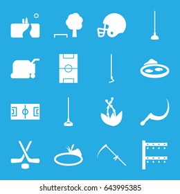 Grass icons set. set of 16 grass filled icons such as lawn mower, hoe, scythe, irrigation system, pond, football pitch, hockey, american football helmet, landscape, plant