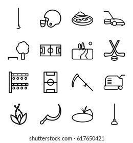 Grass icons set. set of 16 grass outline icons such as lawn mower, hoe, scythe, irrigation system, pond, landscape, football pitch, hockey, american football helmet, plant