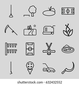 Grass icons set. set of 16 grass outline icons such as lawn mower, hoe, scythe, irrigation system, pond, landscape, football pitch, hockey, plant, tree and bench