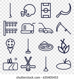 Grass icons set. set of 16 grass outline icons such as lawn mower, hoe, scythe, irrigation system, pond, landscape, football pitch, hockey, american football helmet, plant