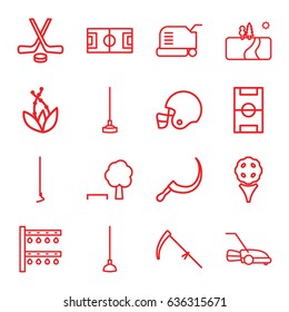 Grass icons set. set of 16 grass outline icons such as lawn mower, hoe, scythe, irrigation system, landscape, football pitch, hockey, american football helmet, plant