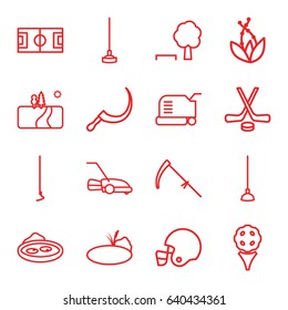 Grass icons set. set of 16 grass outline icons such as lawn mower, hoe, scythe, pond, landscape, hockey, american football helmet, plant, tree and bench, football pitch