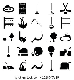 Grass icons. set of 25 editable filled grass icons such as lawn mower, golf, tree and bench, hoe, scythe, irrigation system, pond, plant, football pitch, hockey