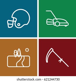 Grass icons set. set of 4 grass outline icons such as scythe, lawn mower, landscape