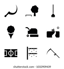 Grass icons. set of 9 editable filled grass icons such as golf, tree and bench, scythe, landscape, lawn mower, football pitch, hoe