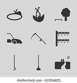 Grass icons set. set of 9 grass filled icons such as hoe, scythe, irrigation system, lawn mower, pond, landscape, plant