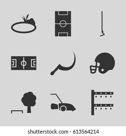 Grass icons set. set of 9 grass filled icons such as hoe, scythe, irrigation system, lawn mower, pond, football pitch, american football helmet