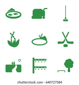 Grass icons set. set of 9 grass filled icons such as lawn mower, hoe, irrigation system, pond, hockey, landscape, plant