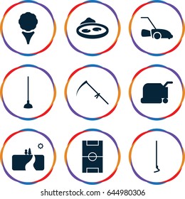 Grass icons set. set of 9 grass filled icons such as lawn mower, hoe, scythe, pond, football pitch, landscape