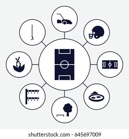 Grass icons set. set of 9 grass filled icons such as hoe, irrigation system, pond, lawn mower, football pitch, american football helmet, plant