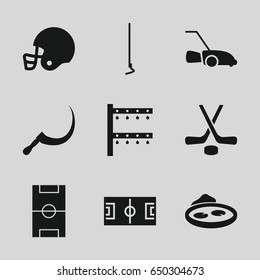 Grass icons set. set of 9 grass filled icons such as hoe, scythe, irrigation system, pond, lawn mower, football pitch, hockey