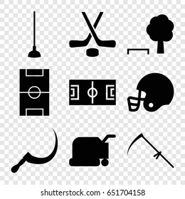 Grass icons set. set of 9 grass filled icons such as lawn mower, hoe, scythe, football pitch, hockey, american football helmet