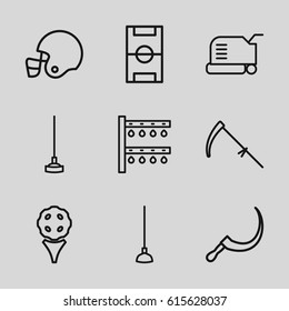Grass icons set. set of 9 grass outline icons such as lawn mower, hoe, scythe, irrigation system, football pitch, american football helmet