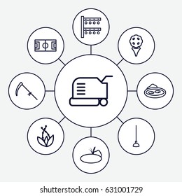 Grass icons set. set of 9 grass outline icons such as lawn mower, hoe, scythe, irrigation system, pond, plant, football pitch