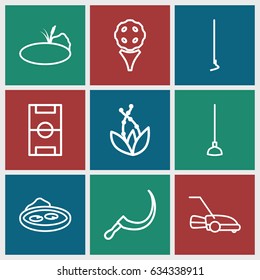 Grass icons set. set of 9 grass outline icons such as hoe, scythe, pond, lawn mower, football pitch, plant