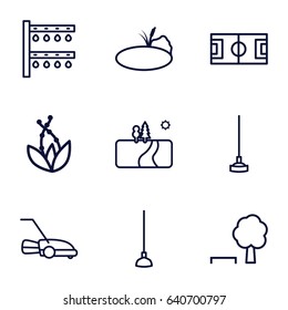 Grass icons set. set of 9 grass outline icons such as hoe, irrigation system, lawn mower, pond, landscape, plant, tree and bench