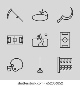 Grass icons set. set of 9 grass outline icons such as hoe, scythe, irrigation system, pond, landscape, football pitch