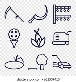 Grass icons set. set of 9 grass outline icons such as lawn mower, scythe, irrigation system, pond, plant, tree and bench